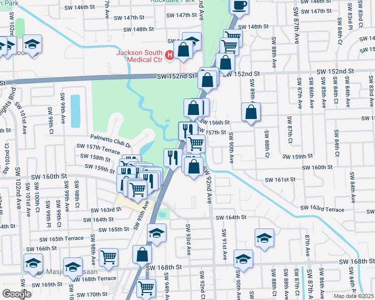map of restaurants, bars, coffee shops, grocery stores, and more near 9245 Southwest 160th Street in Palmetto Bay