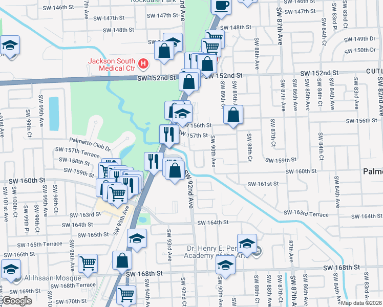 map of restaurants, bars, coffee shops, grocery stores, and more near 15800 Southwest 91st Court in Palmetto Bay