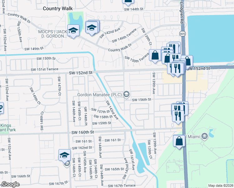 map of restaurants, bars, coffee shops, grocery stores, and more near 14242 Southwest 155th Street in Miami