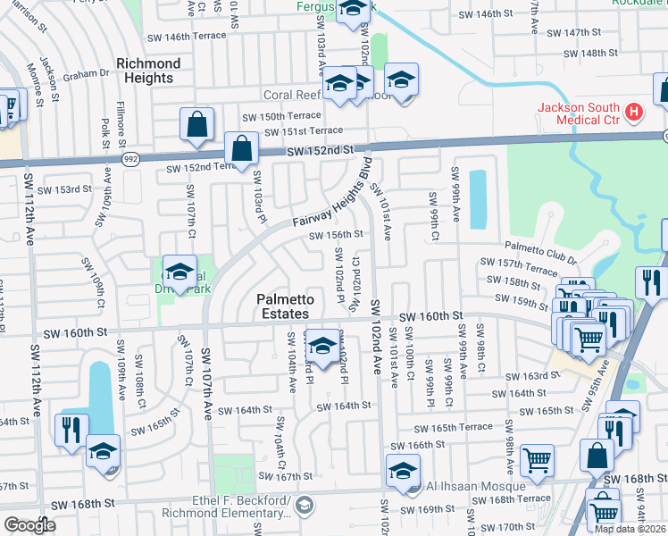 map of restaurants, bars, coffee shops, grocery stores, and more near 15760 Southwest 102nd Place in Miami