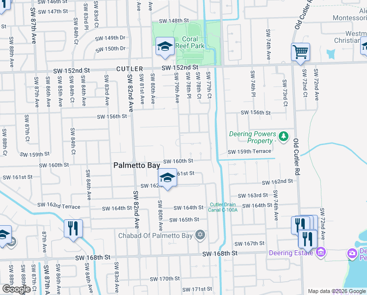 map of restaurants, bars, coffee shops, grocery stores, and more near 7880 Southwest 158th Terrace in Palmetto Bay