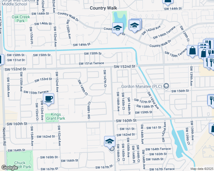 map of restaurants, bars, coffee shops, grocery stores, and more near 15425 Southwest 147th Court in Miami