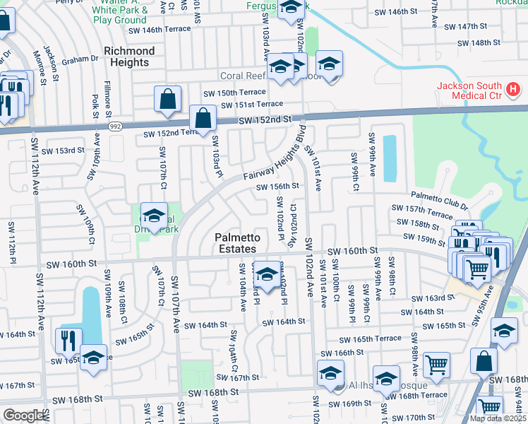 map of restaurants, bars, coffee shops, grocery stores, and more near 10340 Southwest 157th Terrace in Miami