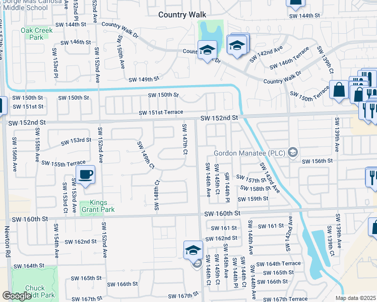 map of restaurants, bars, coffee shops, grocery stores, and more near 15425 Southwest 147th Court in Miami