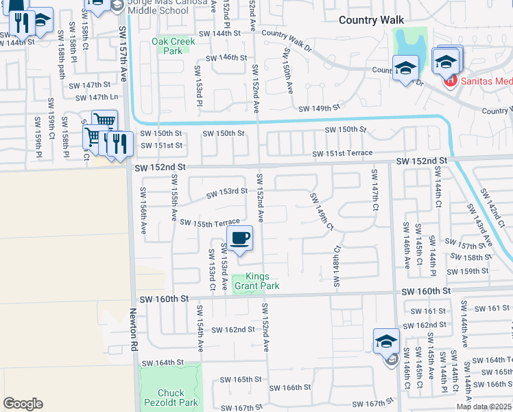 map of restaurants, bars, coffee shops, grocery stores, and more near 15430 Southwest 152nd Avenue in Miami