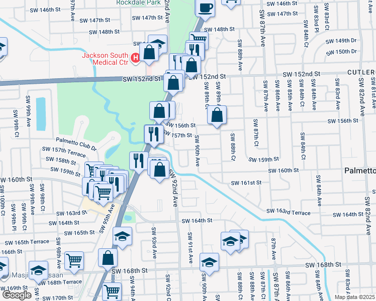 map of restaurants, bars, coffee shops, grocery stores, and more near 15825 Southwest 90th Court in Palmetto Bay