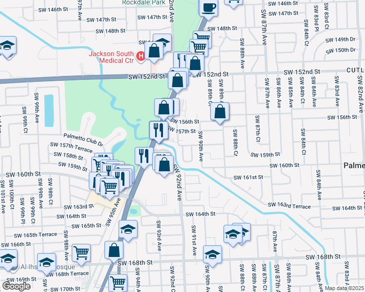 map of restaurants, bars, coffee shops, grocery stores, and more near 15800 Southwest 91st Court in Palmetto Bay