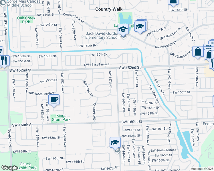 map of restaurants, bars, coffee shops, grocery stores, and more near 15425 Southwest 147th Court in Miami