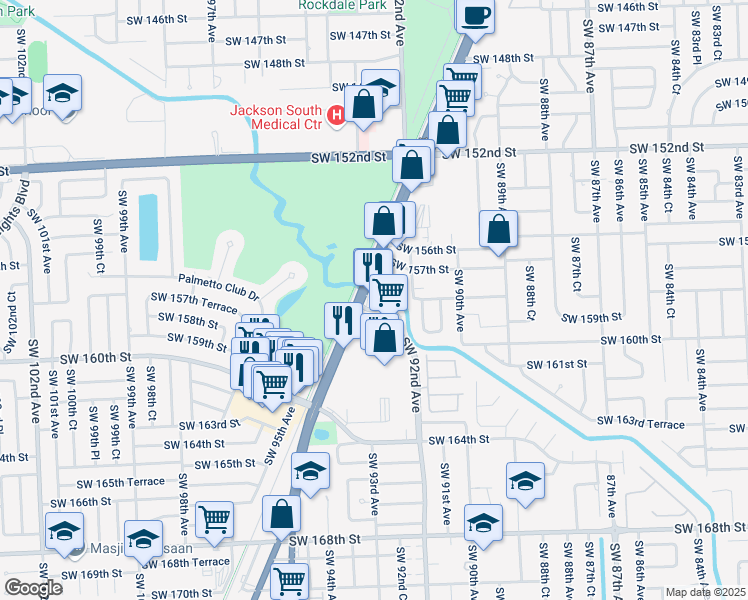 map of restaurants, bars, coffee shops, grocery stores, and more near 9245 Southwest 160th Street in Palmetto Bay