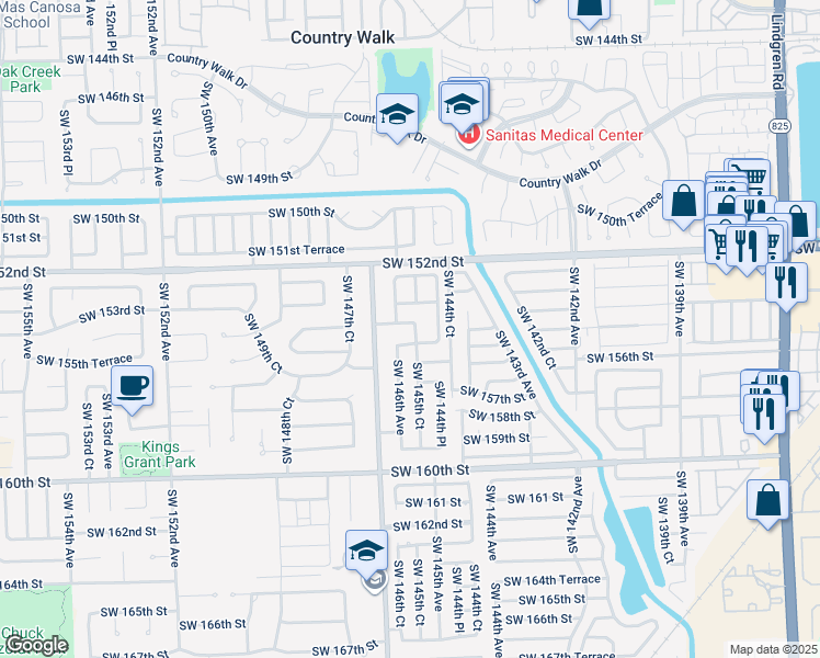 map of restaurants, bars, coffee shops, grocery stores, and more near 15475 Southwest 145th Court in Miami