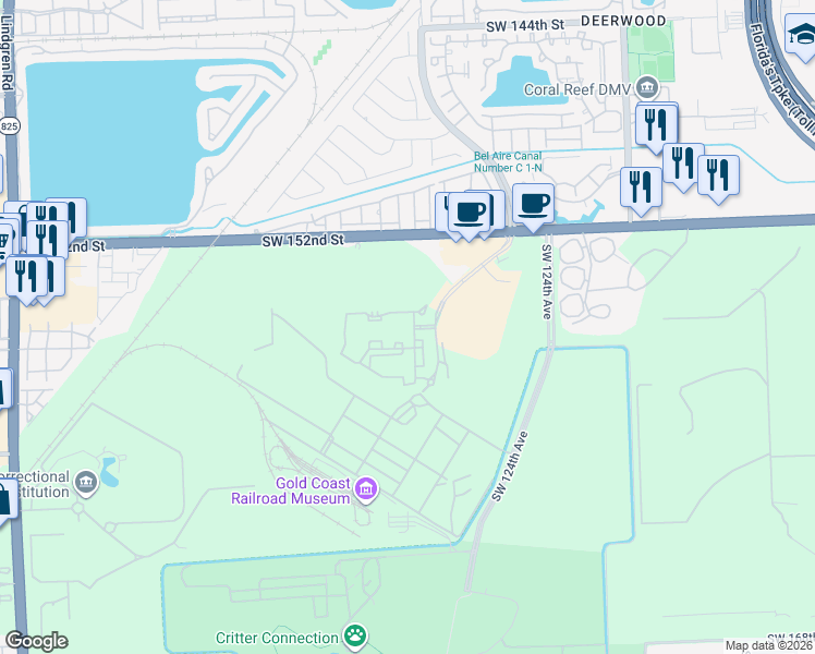 map of restaurants, bars, coffee shops, grocery stores, and more near 15520 Southwest 127th Avenue in Miami