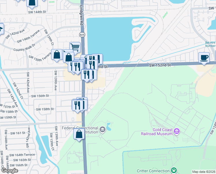 map of restaurants, bars, coffee shops, grocery stores, and more near 15531 Southwest 133rd Place in Miami