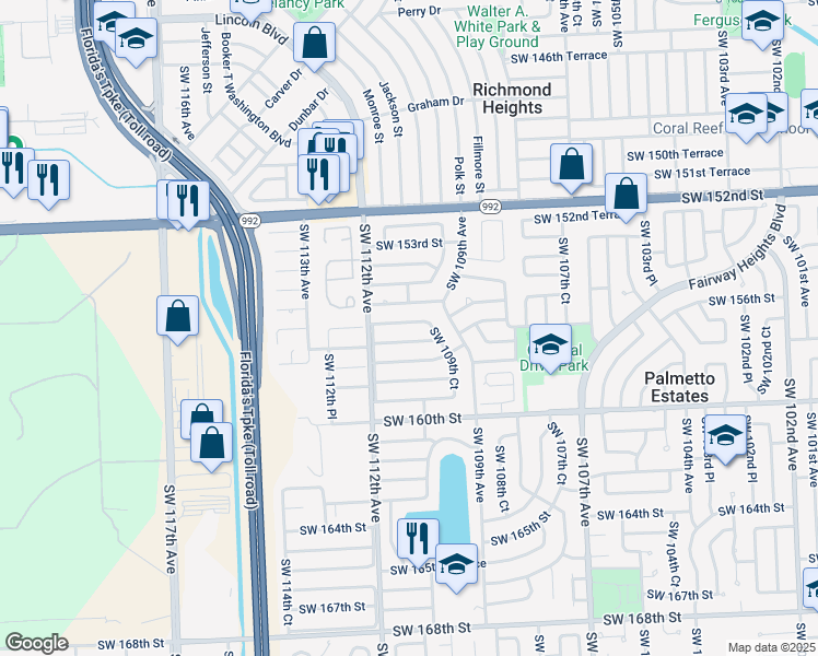 map of restaurants, bars, coffee shops, grocery stores, and more near 11024 Southwest 156th Terrace in Miami