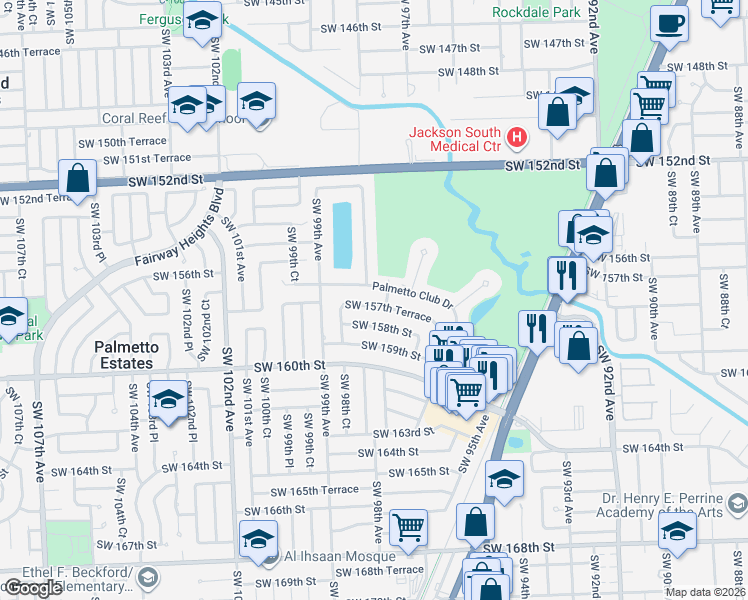 map of restaurants, bars, coffee shops, grocery stores, and more near 9801 Southwest 158th Street in Miami