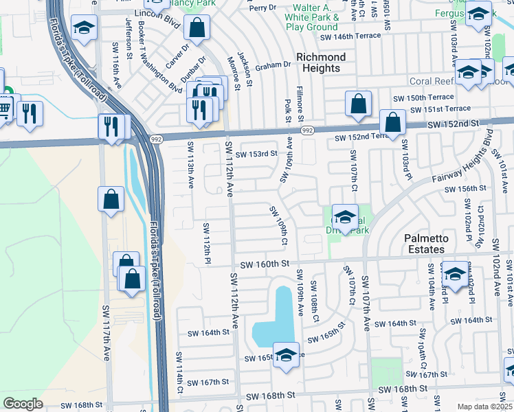 map of restaurants, bars, coffee shops, grocery stores, and more near 11024 Southwest 156th Terrace in Miami