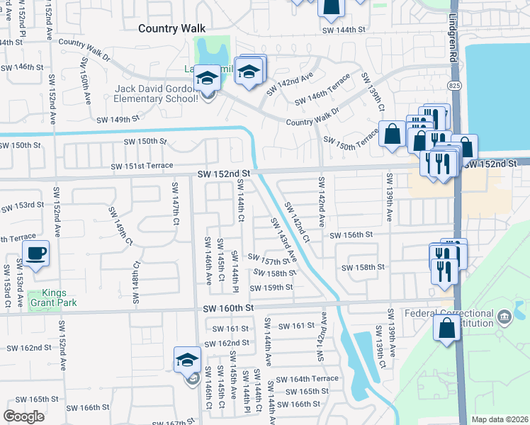map of restaurants, bars, coffee shops, grocery stores, and more near 15521 Southwest 143rd Avenue in Miami