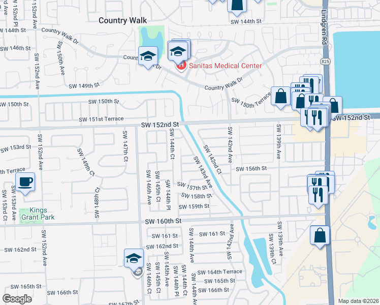 map of restaurants, bars, coffee shops, grocery stores, and more near 15521 Southwest 143rd Avenue in Miami