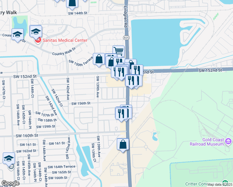 map of restaurants, bars, coffee shops, grocery stores, and more near 15585 Southwest 138th Avenue in Miami