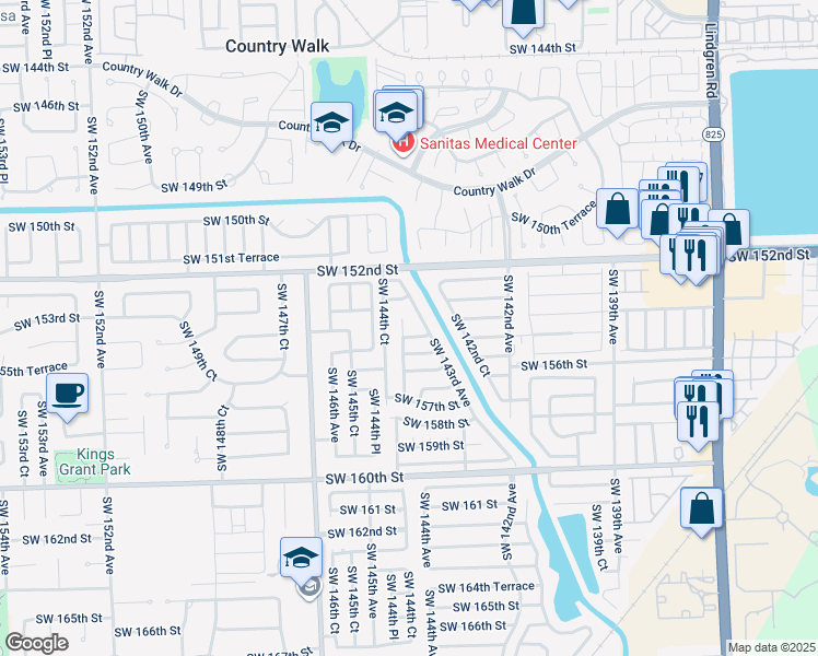 map of restaurants, bars, coffee shops, grocery stores, and more near 15500 Southwest 144th Avenue in Miami