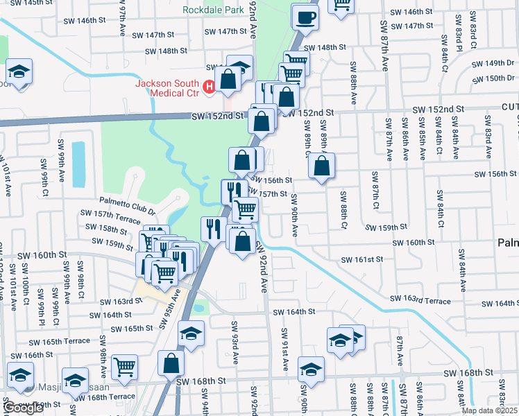 map of restaurants, bars, coffee shops, grocery stores, and more near 15750 Southwest 92nd Avenue in Palmetto Bay