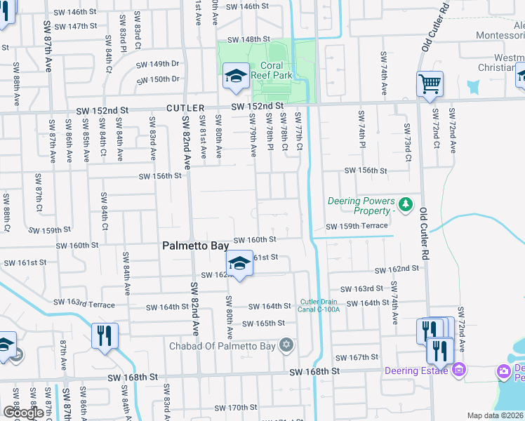 map of restaurants, bars, coffee shops, grocery stores, and more near 7880 Southwest 158th Terrace in Palmetto Bay