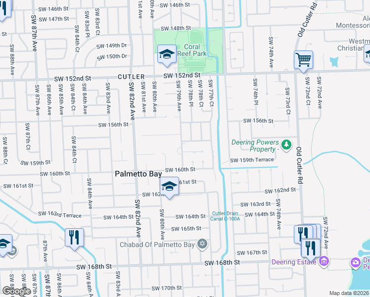 map of restaurants, bars, coffee shops, grocery stores, and more near 7880 Southwest 158th Terrace in Palmetto Bay
