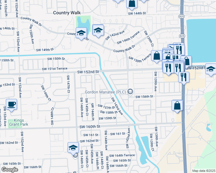 map of restaurants, bars, coffee shops, grocery stores, and more near 15451 Southwest 143rd Avenue in Miami