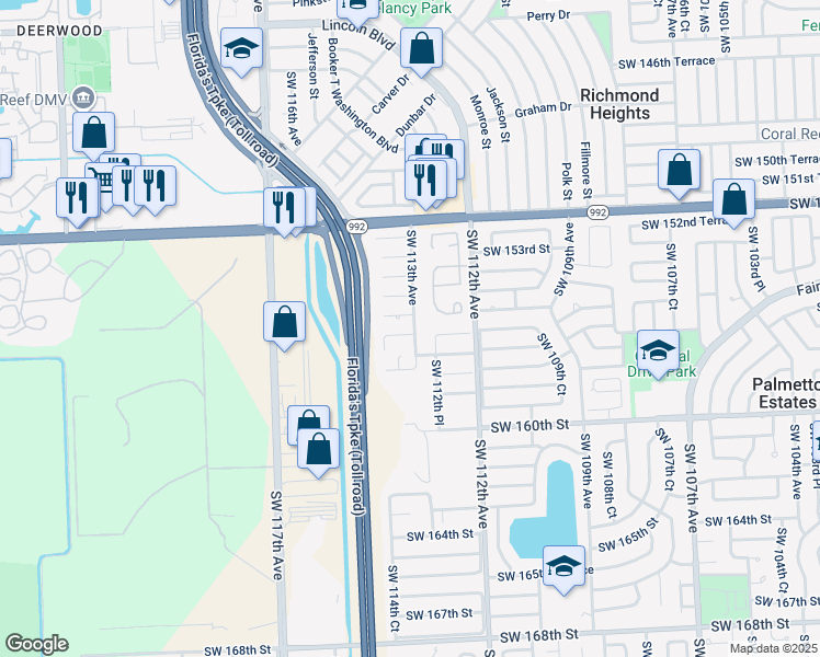 map of restaurants, bars, coffee shops, grocery stores, and more near 11331 Southwest 155th Street in Miami