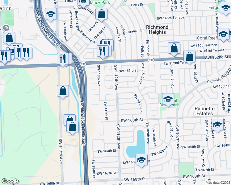 map of restaurants, bars, coffee shops, grocery stores, and more near 11249 Southwest 155th Lane in Miami
