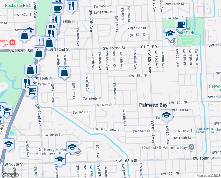 map of restaurants, bars, coffee shops, grocery stores, and more near 15705 Southwest 85th Avenue in Palmetto Bay