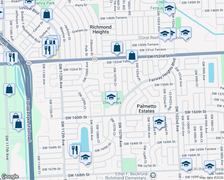 map of restaurants, bars, coffee shops, grocery stores, and more near 15533 Southwest 107th Place in Miami