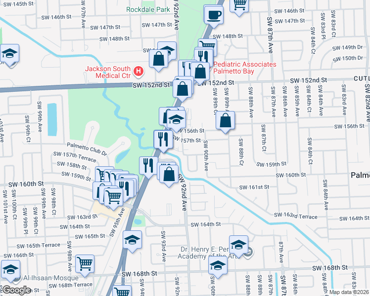 map of restaurants, bars, coffee shops, grocery stores, and more near 9099 Southwest 157th Street in Palmetto Bay