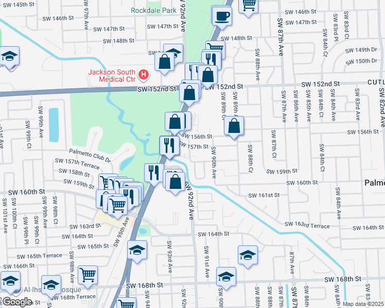 map of restaurants, bars, coffee shops, grocery stores, and more near 9099 Southwest 157th Street in Palmetto Bay