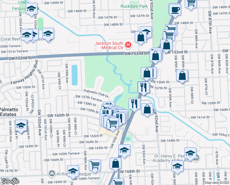 map of restaurants, bars, coffee shops, grocery stores, and more near 9481 East Palmetto Club Lane in Palmetto Bay