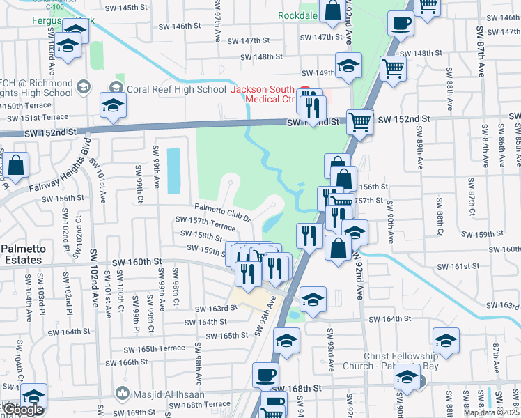 map of restaurants, bars, coffee shops, grocery stores, and more near 9481 East Palmetto Club Lane in Palmetto Bay