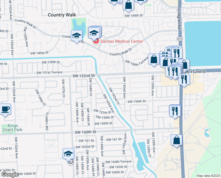 map of restaurants, bars, coffee shops, grocery stores, and more near 15242 Southwest 142nd Court in Miami