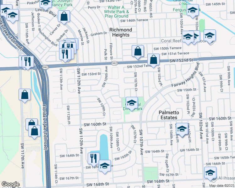 map of restaurants, bars, coffee shops, grocery stores, and more near 15605 Southwest 108th Court in Miami