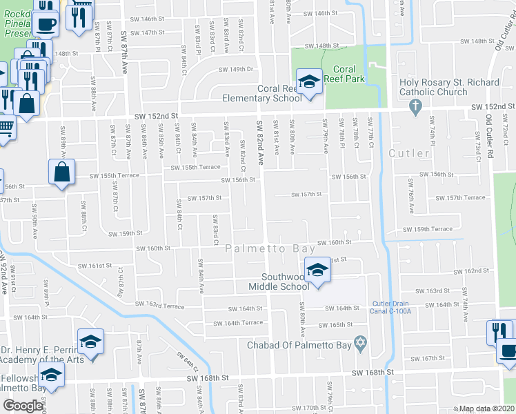 map of restaurants, bars, coffee shops, grocery stores, and more near 15750 Southwest 82nd Avenue in Miami