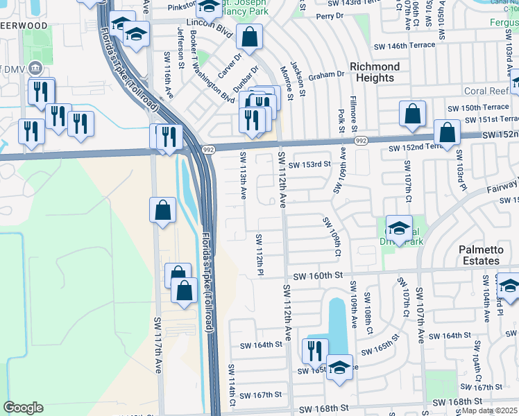 map of restaurants, bars, coffee shops, grocery stores, and more near 15432 Southwest 112th Place in Miami