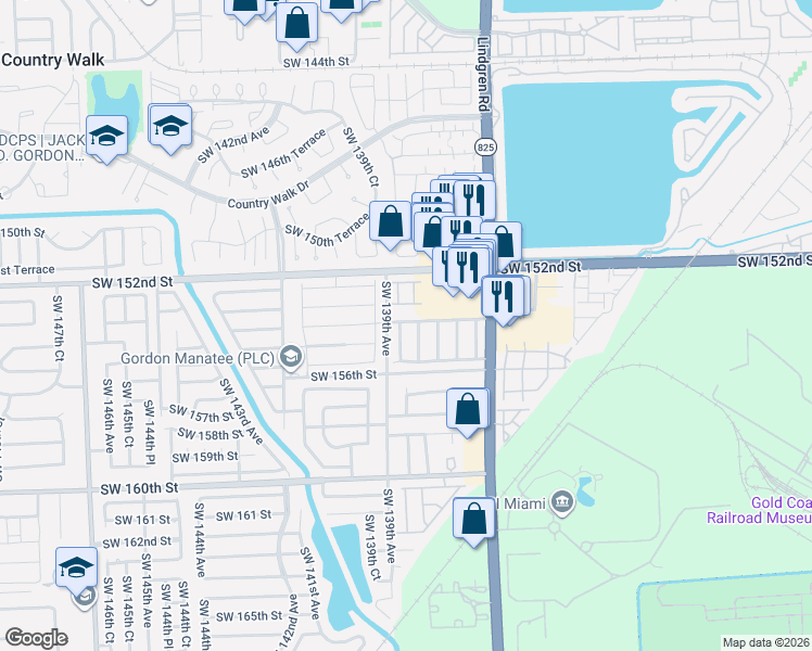 map of restaurants, bars, coffee shops, grocery stores, and more near 13873 Southwest 154th Street in Miami