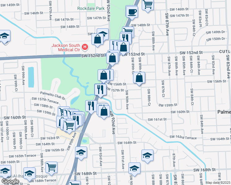 map of restaurants, bars, coffee shops, grocery stores, and more near 9099 Southwest 157th Street in Palmetto Bay