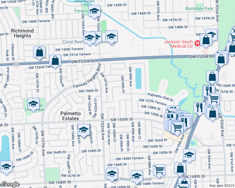 map of restaurants, bars, coffee shops, grocery stores, and more near 9955 Southwest 157th Street in Miami