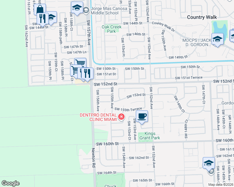 map of restaurants, bars, coffee shops, grocery stores, and more near 15230 Southwest 154th Avenue in Miami
