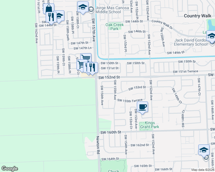 map of restaurants, bars, coffee shops, grocery stores, and more near 15530 Southwest 152nd Terrace in Miami