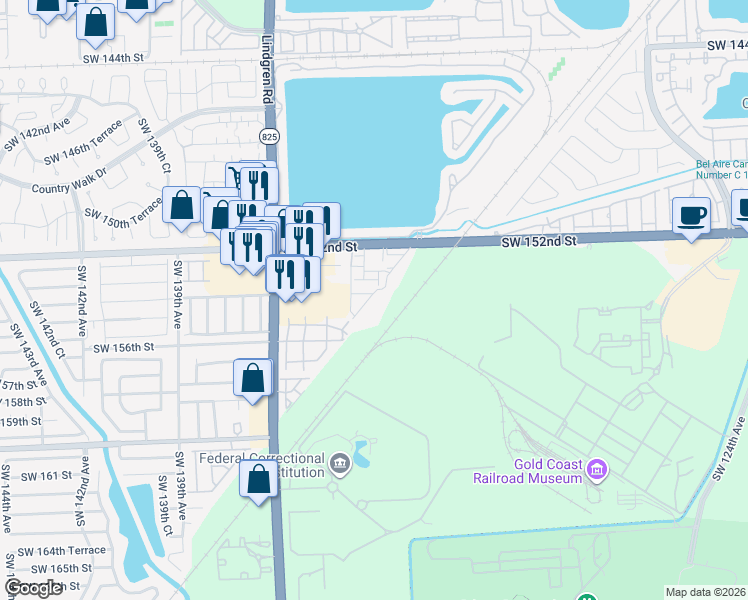 map of restaurants, bars, coffee shops, grocery stores, and more near 13407 Southwest 154th Street in Miami