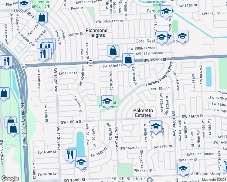 map of restaurants, bars, coffee shops, grocery stores, and more near 15531 Southwest 106th Avenue in Miami