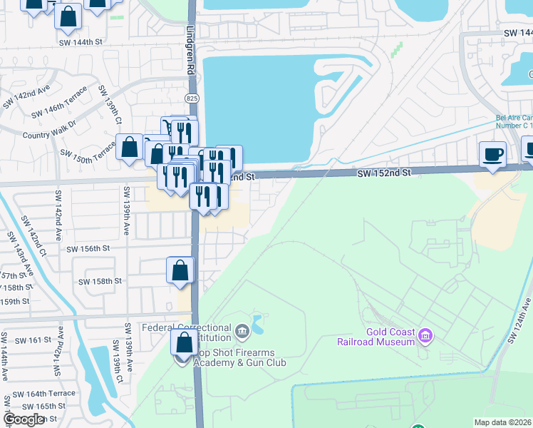 map of restaurants, bars, coffee shops, grocery stores, and more near 15421 Southwest 133rd Place in Miami