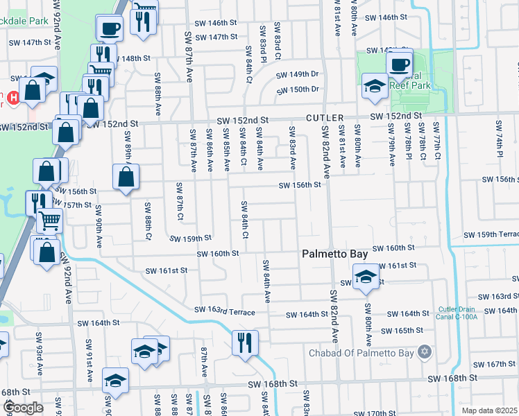map of restaurants, bars, coffee shops, grocery stores, and more near 8400 Southwest 157th Street in Palmetto Bay