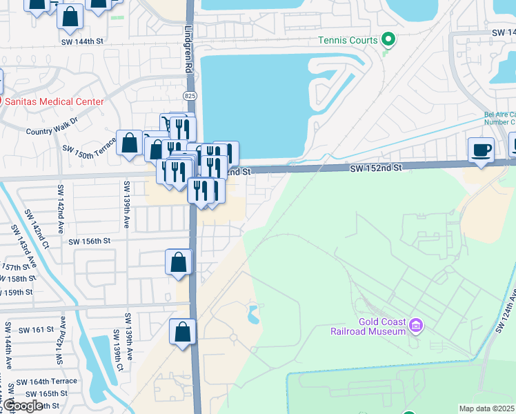 map of restaurants, bars, coffee shops, grocery stores, and more near 13407 Southwest 154th Street in Miami