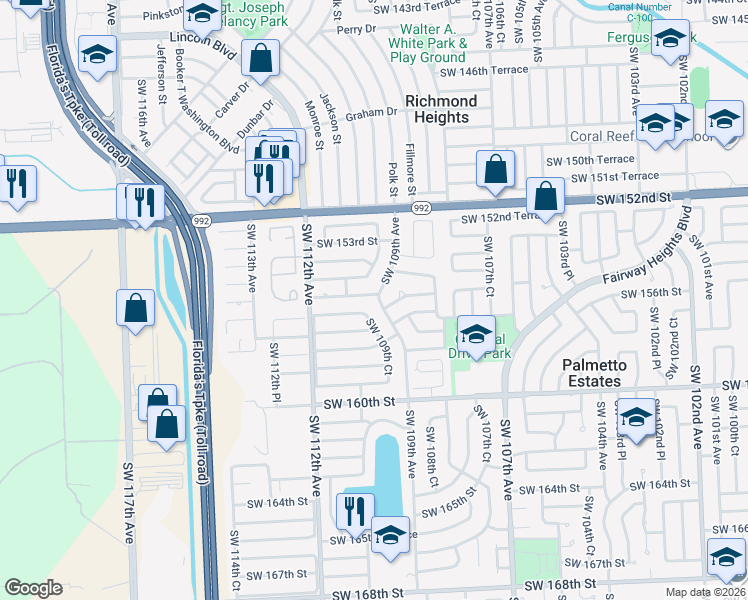map of restaurants, bars, coffee shops, grocery stores, and more near 10904 Southwest 155th Terrace in Miami